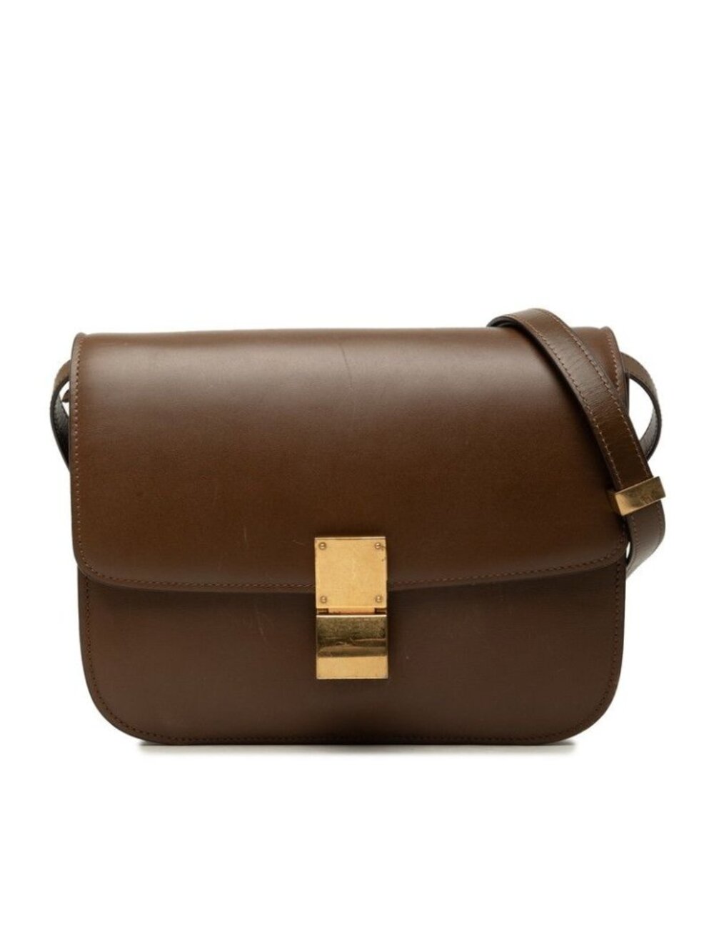 Celine Classic Box Crossbody Shoulder Bag Brown Gold Leather